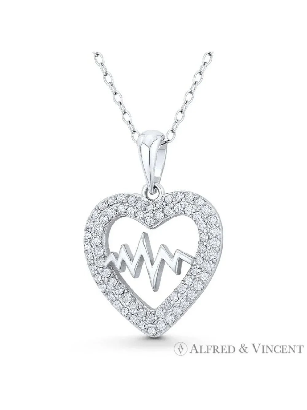 Heart Beat Zigzag CZ Crystal Pave Love Charm 925 Sterling Silver Rhodium Pendant